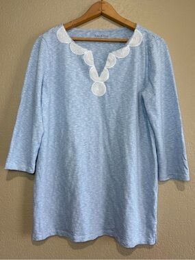 Light Blue Striped Tunic with White Beaded Neckline